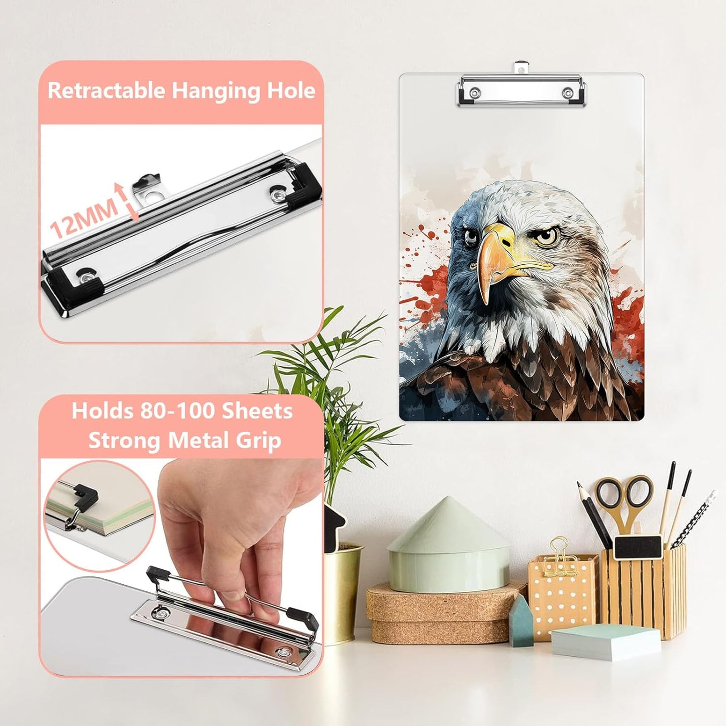 American Eagle Plastic Clipboards,Cute Fashion Clipboard Decorative 8.5" x 12.5"Standard A4 Size Clipboards,Acrylic Clipboard for Teacher,Social Worker,Students,Nurse,Office Supplies