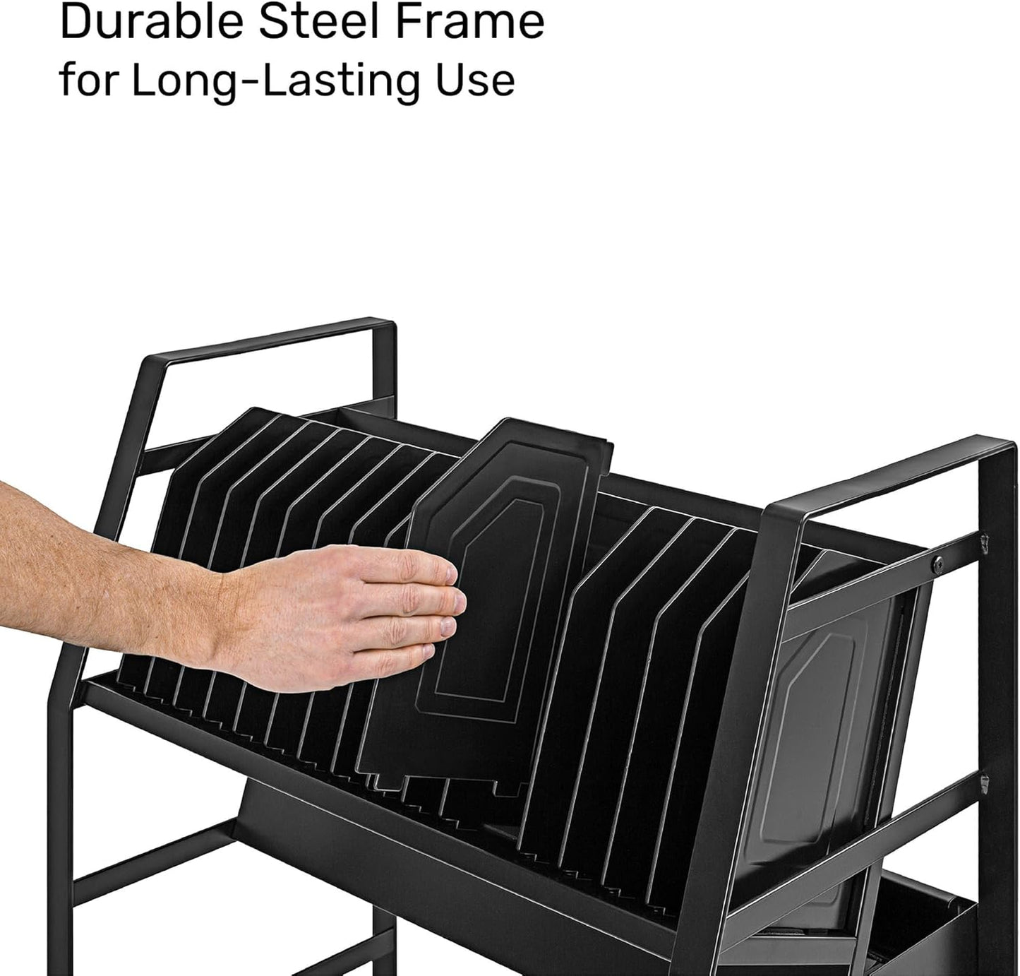 Line Leader 32-Device Mobile Charging Station | Steel Rolling Cart for Laptops, Tablets, & Chromebooks | Open Design with Dividers & UL-Certified Surge Protection | Portable Charging Stand (Black)