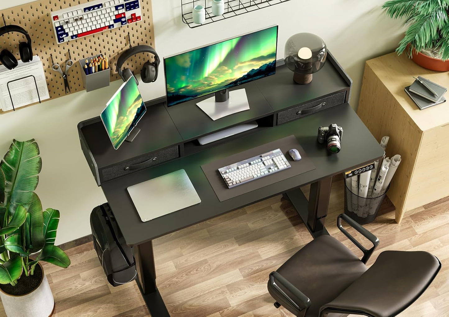 Claiks Standing Desk with Drawers, Stand Up Electric Standing Desk Adjustable Height, Sit Stand Desk with Storage Shelf and Splice Board, 48 Inch, Black