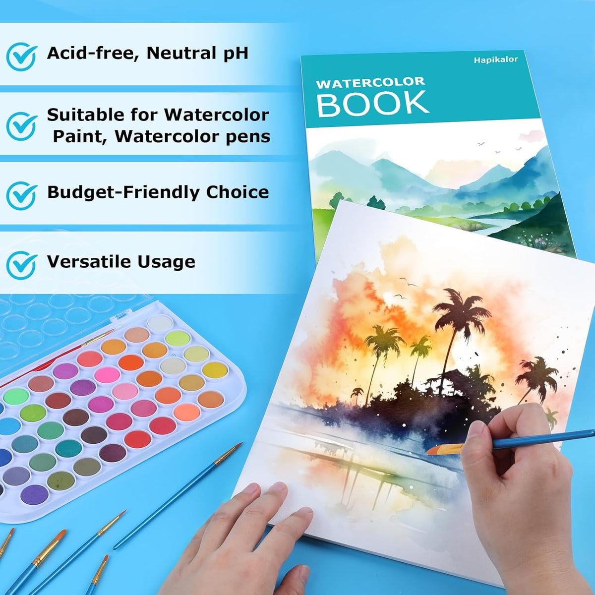 Hapikalor 11"x14" Watercolor Paper Pad, 1-Pack, 140lb/300gsm Artist Painting Drawing Paper Book, Art Supplies for Adults Kids, Watercolors, Watercolor Paint Set, Sketchbook, Journal, Teal