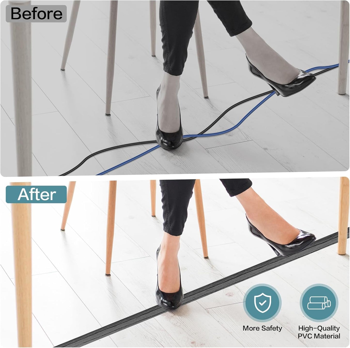 Floor Cord Cover Self Adhesive Cord Hider Floor Extension Cord Covers for Floor Power Cord Protector Cable Management Prevent Cable Trips Cable Cavity 0.59" W x 0.31" H (Deep Grey Wood, 10Ft)