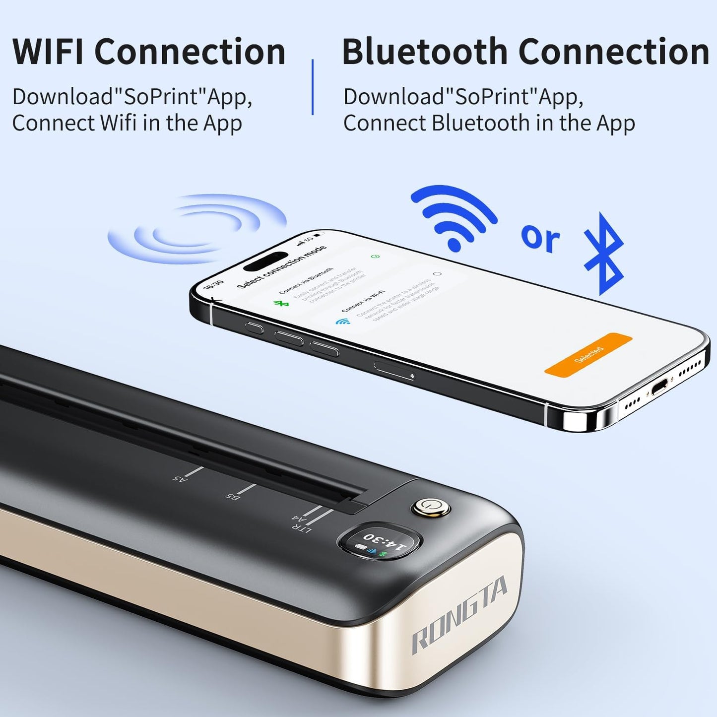 Rongta Portable Printers Wireless for Travel, WiFi & Bluetooth Mobile Printer, Thermal Inkless Printer for School/Office/Home Use, Compatible with Android,iOS & Laptop (Gray)