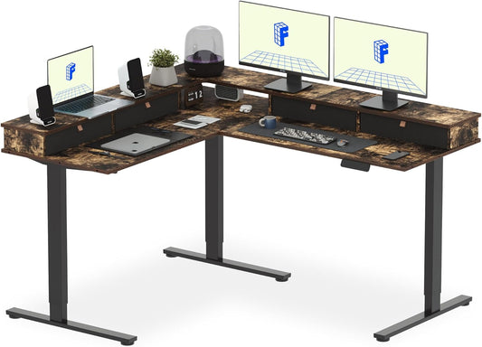 FLEXISPOT 63" L Shaped Standing Desk Electric Corner Table with Shelf, 4 Storage Drawers, Adjustable Computer Workstation for Home, Office, Game, Studio, Rustic Brown Top + Black Frame