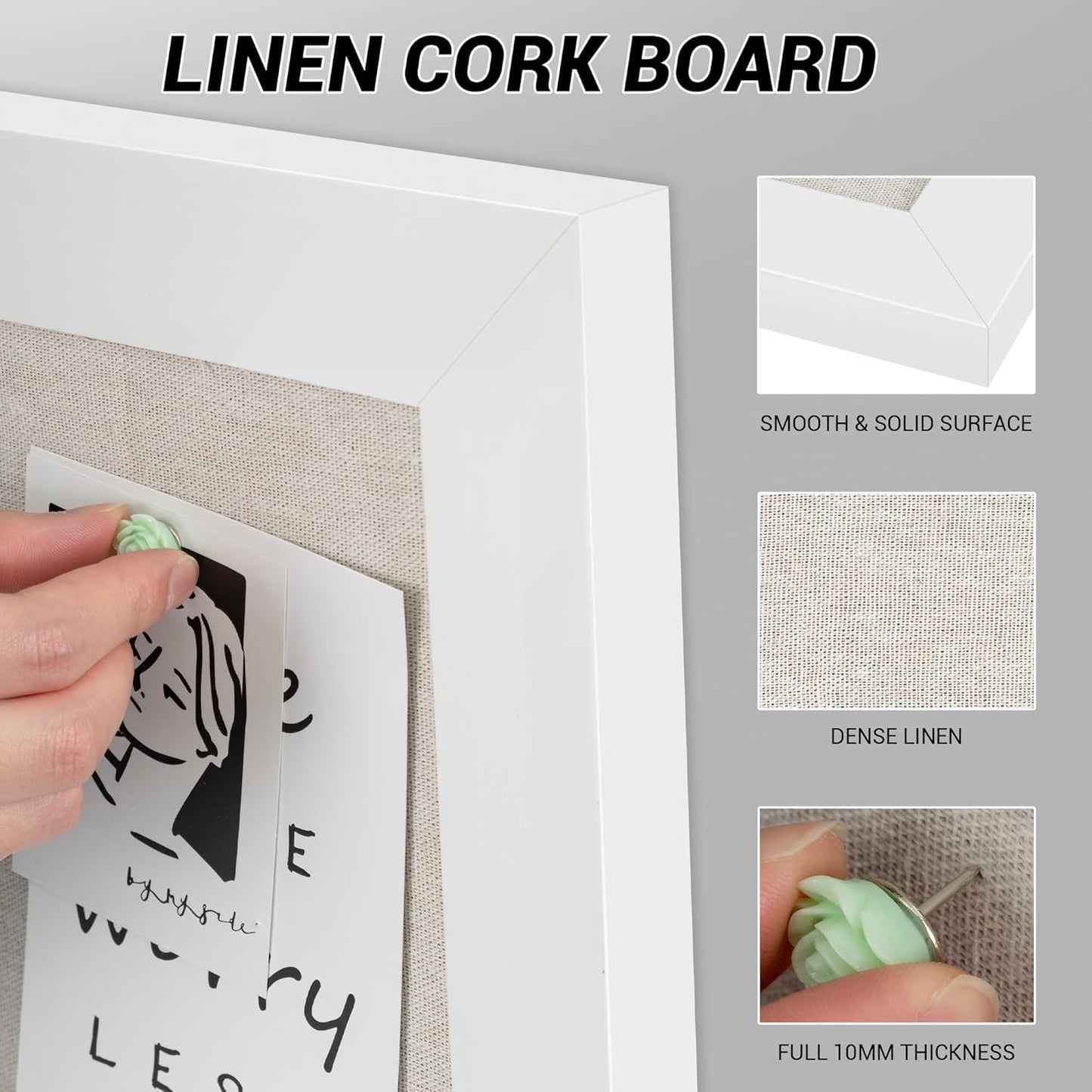 Board2by White Cork Board Bulletin Board with Linen, Wood Framed 24" x 18" Corkboard, Office Board for Wall Decor, Wall Mounted Pin Board Picture Board with 20 Pushpins for School, Home & Office