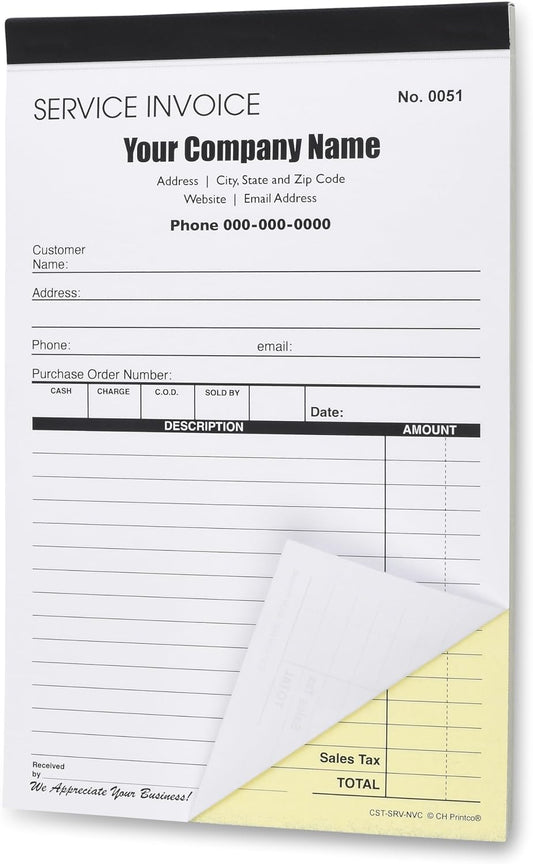 Custom Service Invoice Carbonless Form with Your Company Name - 2 Books (100 Sets) Numbered