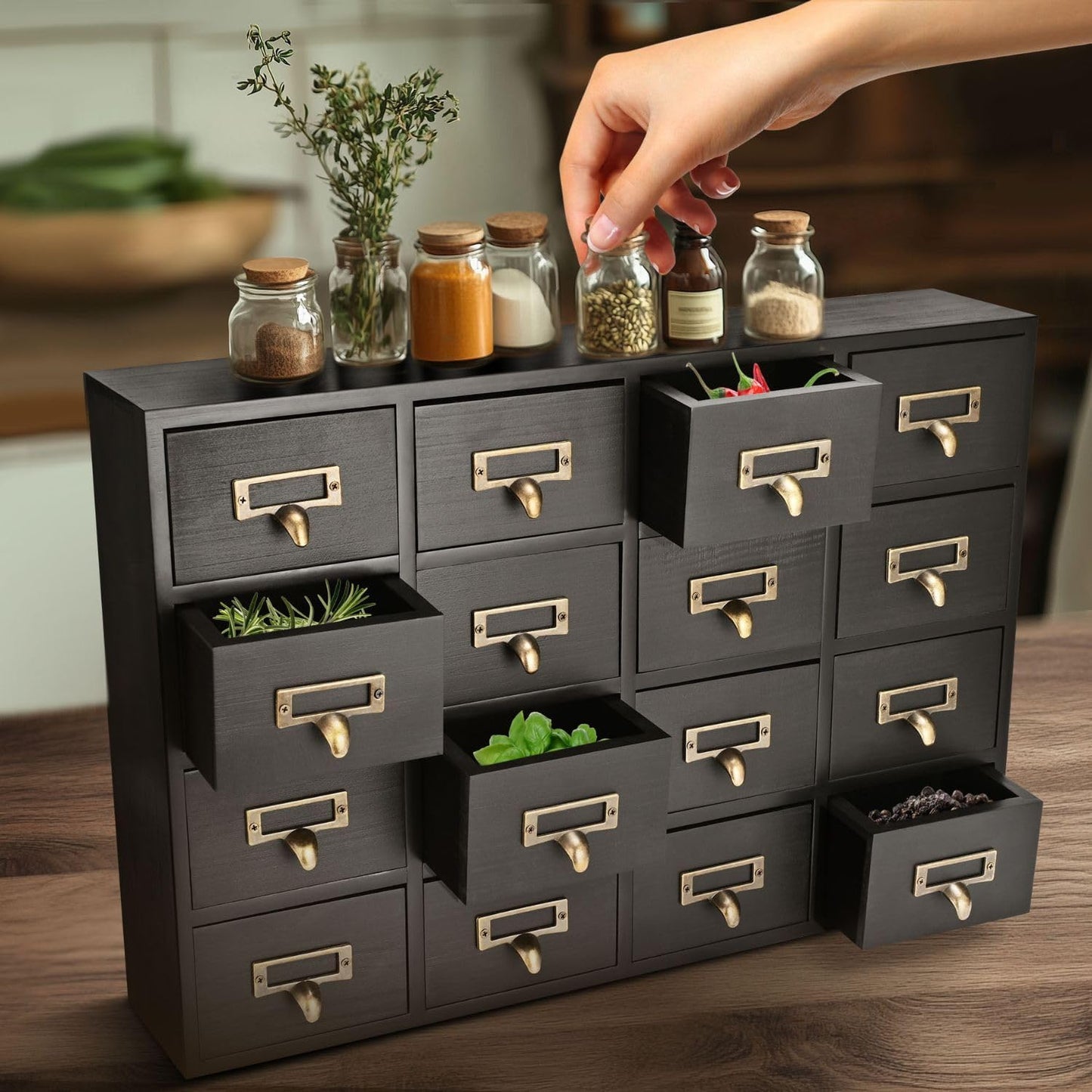 Flexzion Apothecary Cabinet with Drawers - 16 Vintage Apothecary Drawers Desktop Organizer for Home & Office - Wooden Tabletop Library Card Catalog Cabinet Storage for Jewelry, Makeup & Tools, Black