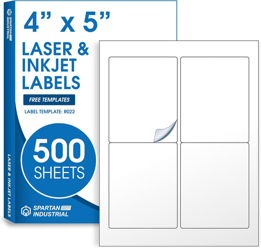 4" X 5" Printable Shipping Labels Compatible with Inkjet and Laser Printers - 500 Sheets, 2000 Total Matte White Paper Stickers for Mailing and Addresses - Spartan Industrial