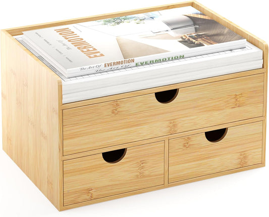 Desk Organizer With Drawers - Bamboo Wood Desktop Mail Organizer Storage Box for Office Home Bathroom Vanity Dresser Top, No Assembly Required (3 Drawers)