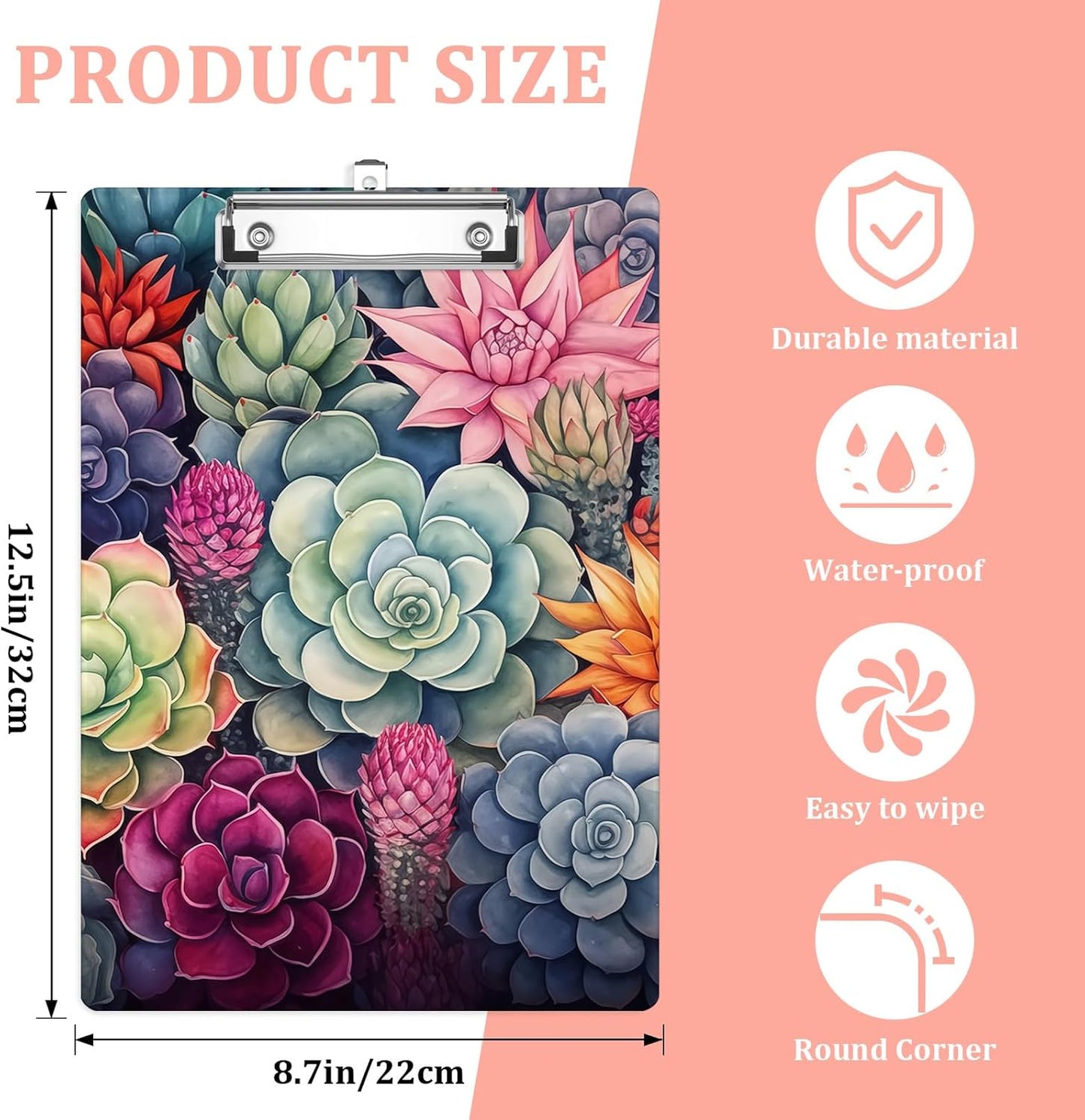 Cactus Succulent Plastic Clipboards,Cute Fashion Clipboard Decorative 8.5" x 12.5"Standard A4 Size Clipboards,Acrylic Clipboard for Teacher,Social Worker,Students,Nurse,Office Supplies