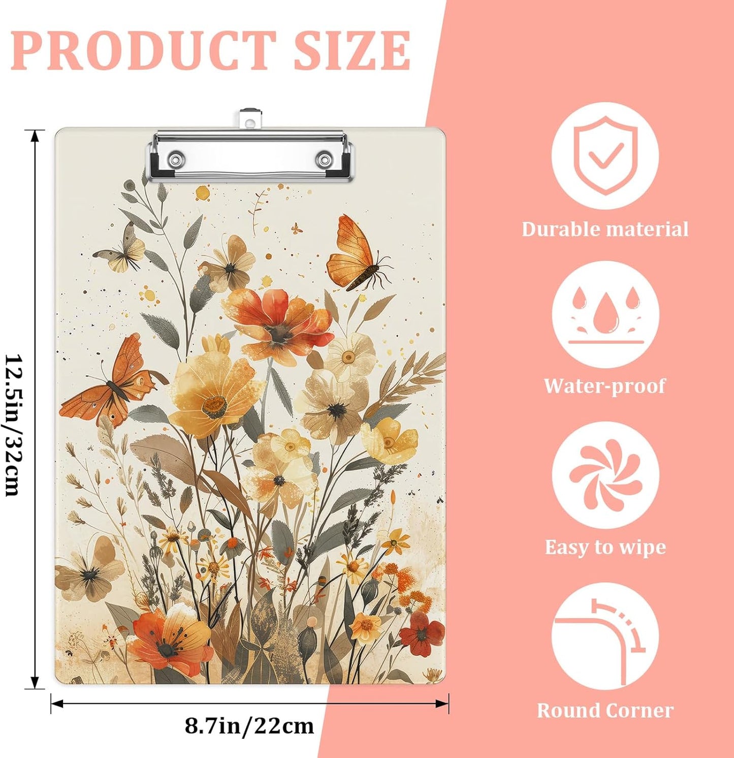 Flowers Butterfly Plastic Clipboards,Cute Fashion Watercolor Clipboard Decorative 8.5" x 12.5"Standard A4 Size Clipboards,Acrylic Clipboard for Teacher,Social Worker,Students,Nurse,Office Supplies