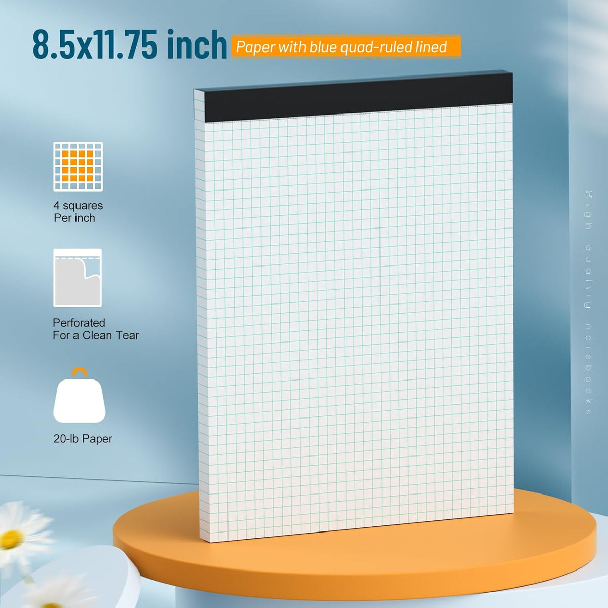 Quad Ruled Graph Paper Pad, 8 pack of 50 Sheets, White, 4x4 (4 Squares per inch), 8.5 x 11.75-Inch Grid Paper Pad