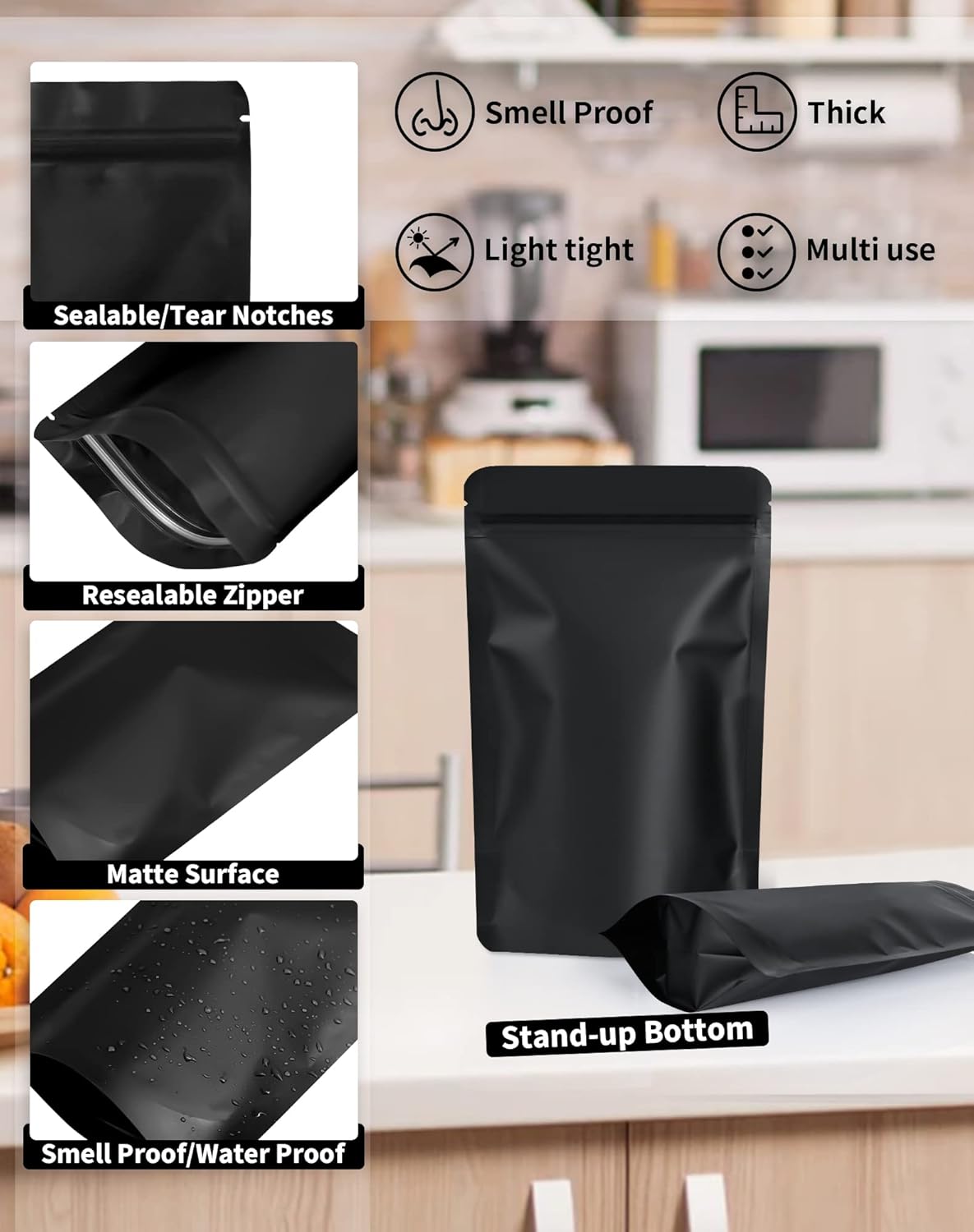100 Pack Resealable Stand Up Bags,Smell Proof Pouch Sealable Foil Pouch Bags for Packaging (Black, 4" x 6")
