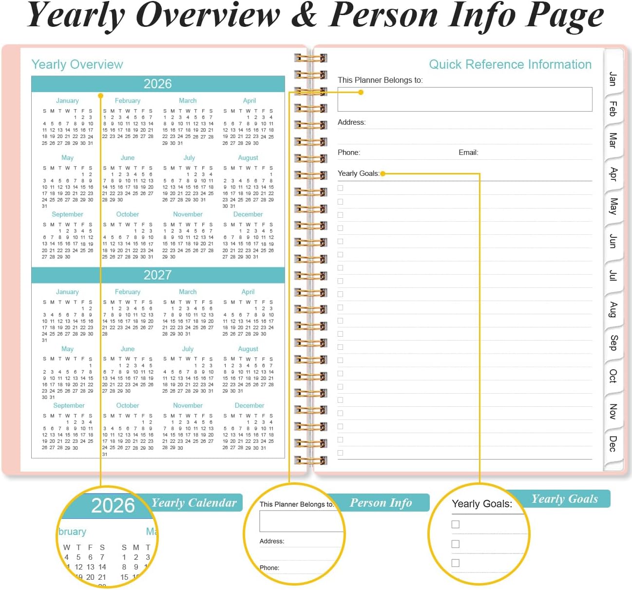 2026 Planner - Weekly and Monthly Calendar Planner from Jan 2026 - Dec 2026, Planner 2026 Spiral Bound with 12 Monthly Tabs, Inner Pocket, Perfect for School Office Supplies, 6.4" x 8.5", Pink