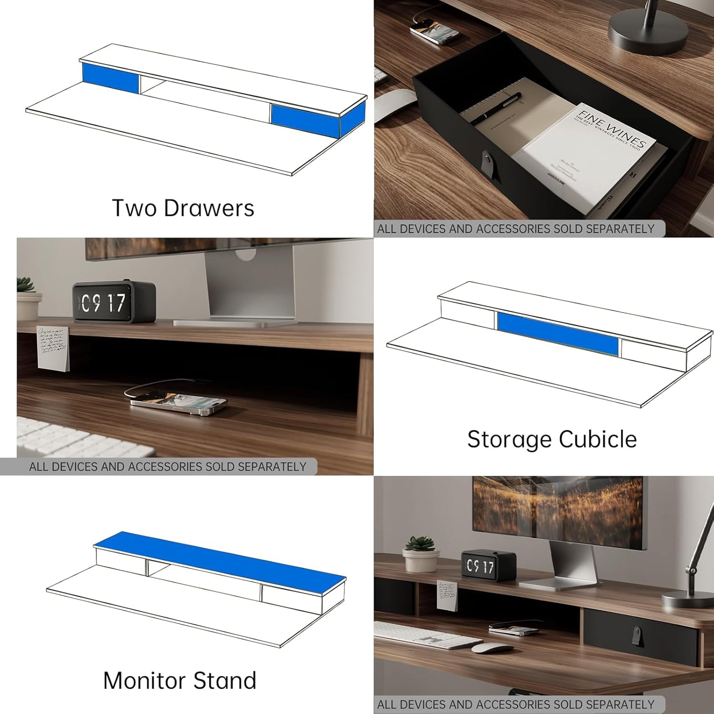 HUANUO 55" x 26" Electric Standing Desk with 2 Drawers, C-Clamp Mount Compatible, Height Adjustable Computer Desk, Home Office Stand Up Desk with 4 Preset Heights & 2 Hooks, Walnut