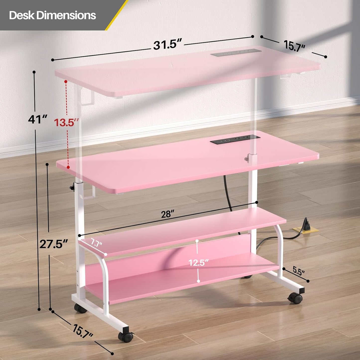 Armocity Height Adjustable Standing Desk with Power Outlets, 32" Manual Stand Up Desk with Storage Shelves Small Mobile Rolling Computer Desk Portable Laptop Table with Wheels for Home Office, Pink