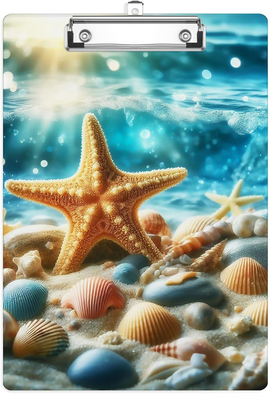Beach Shell Starfish Plastic Clipboards,Cute Fashion Clipboard Decorative 8.5" x 12.5"Standard A4 Size Clipboards,Acrylic Clipboard for Teacher,Social Worker,Students,Nurse,Office Supplies