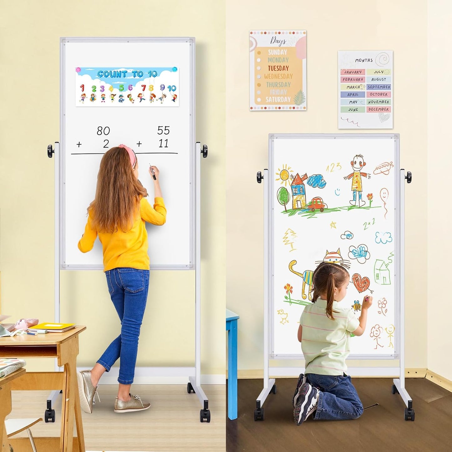 maxtek Rolling White Board, 48 x 24 Height Adjustable Whiteboard on Wheels, Large Magnetic Standing Mobile Easel Board, Double-Sided with Stand for Office, Home, and Classroom