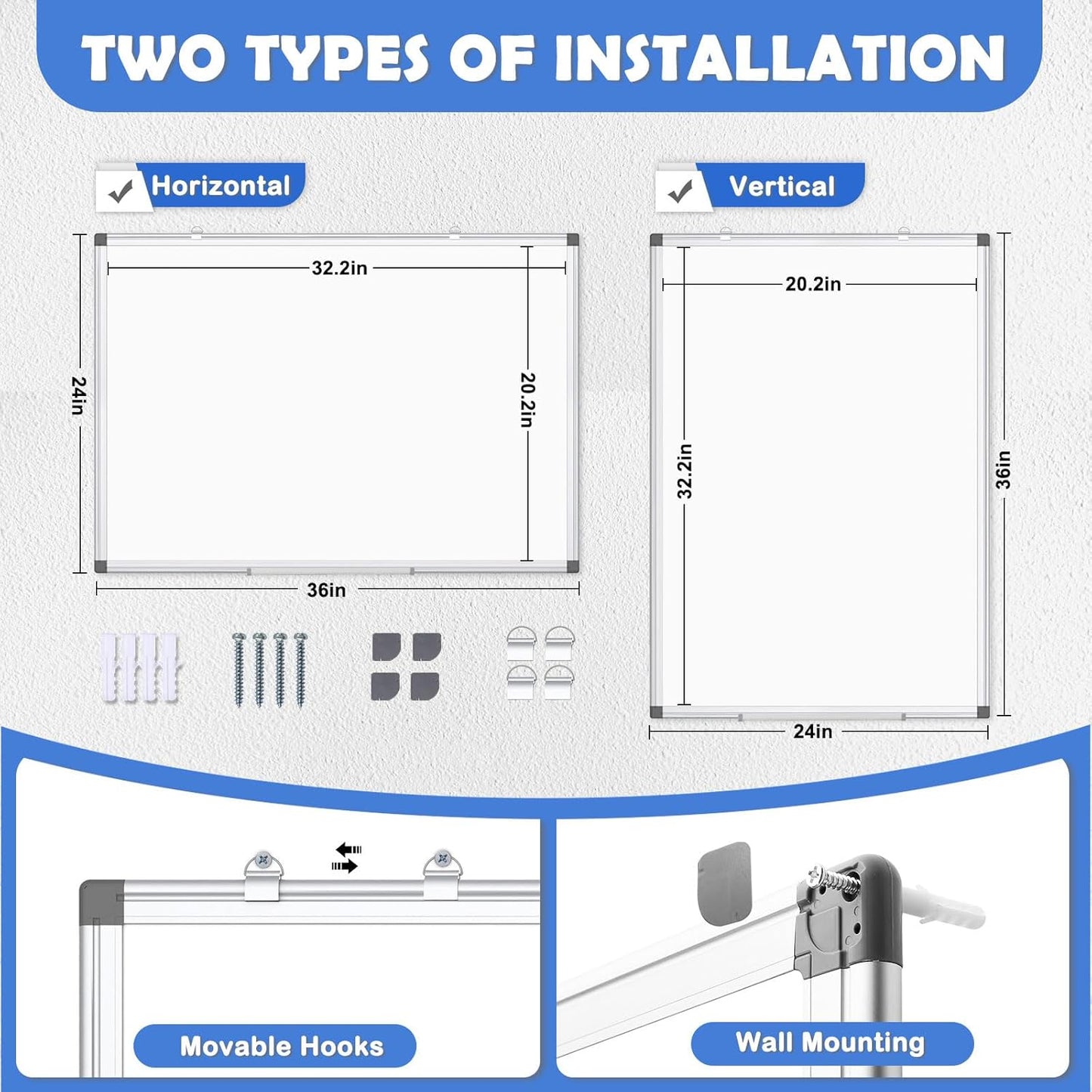 WALGLASS 3 Pack White Board, 36" x 24" Double-Sided Dry Erase White Board for Wall, Hanging Mounted Whiteboard, Horizontal or Vertical Silver Aluminium Frame for Home, School, Office, Kitchen
