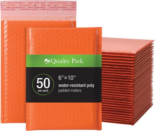 Quality Park Bubble Mailers, 6 x 9 Shipping Envelopes, Water Resistant Orange Poly Padded Envelopes, Redi-Strip Peel Off Closure, 50/Box (QUA85863)