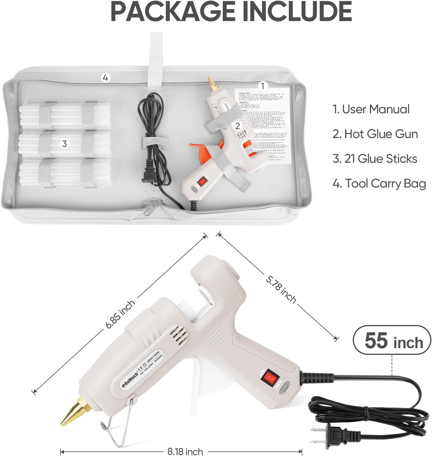 ROMECH Full Size Hot Glue Gun with 60/100W Dual Power and 21 Hot Glue Sticks (7/16"), Fast Preheating Heavy Duty Industrial Gluegun with Storage Case for Crafting, DIY and Repairs (White)