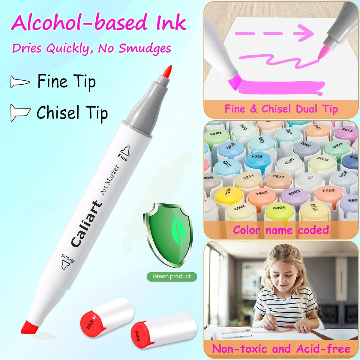Caliart Alcohol Based Markers, 24 Colors Dual Tip Art Marker Set Fine & Chisel, Permanent Colored Pens for Adults Coloring Book Artists Illustration Sketch Lettering Drawing Cards Planner