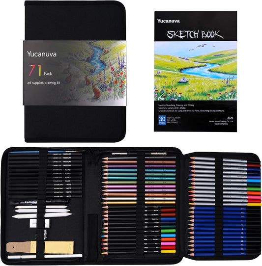 71Pack Drawing Supplies Sketching Kit,Art Supplies for Adults Artists Beginners,Drawing Kit Sketching Pencils with Sketchbook, Colored Watercolor Metallic Graphite Charcoal Pencils
