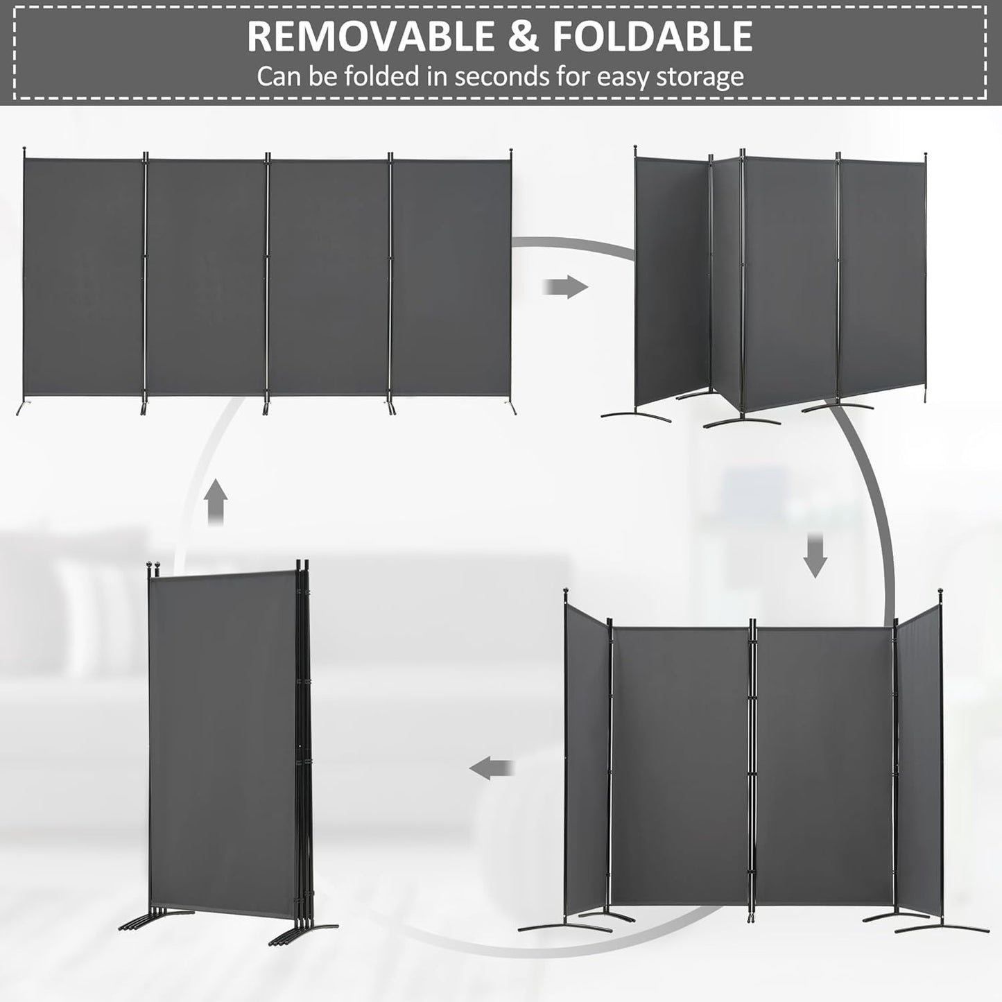 Spurgehom 4 Panel Room Divider Folding Privacy Screen, Freestanding Fabric Partition Portable Room Partition Wall Dividers for Home Office Room Restaurant, 136" W X 72" H (Grey)