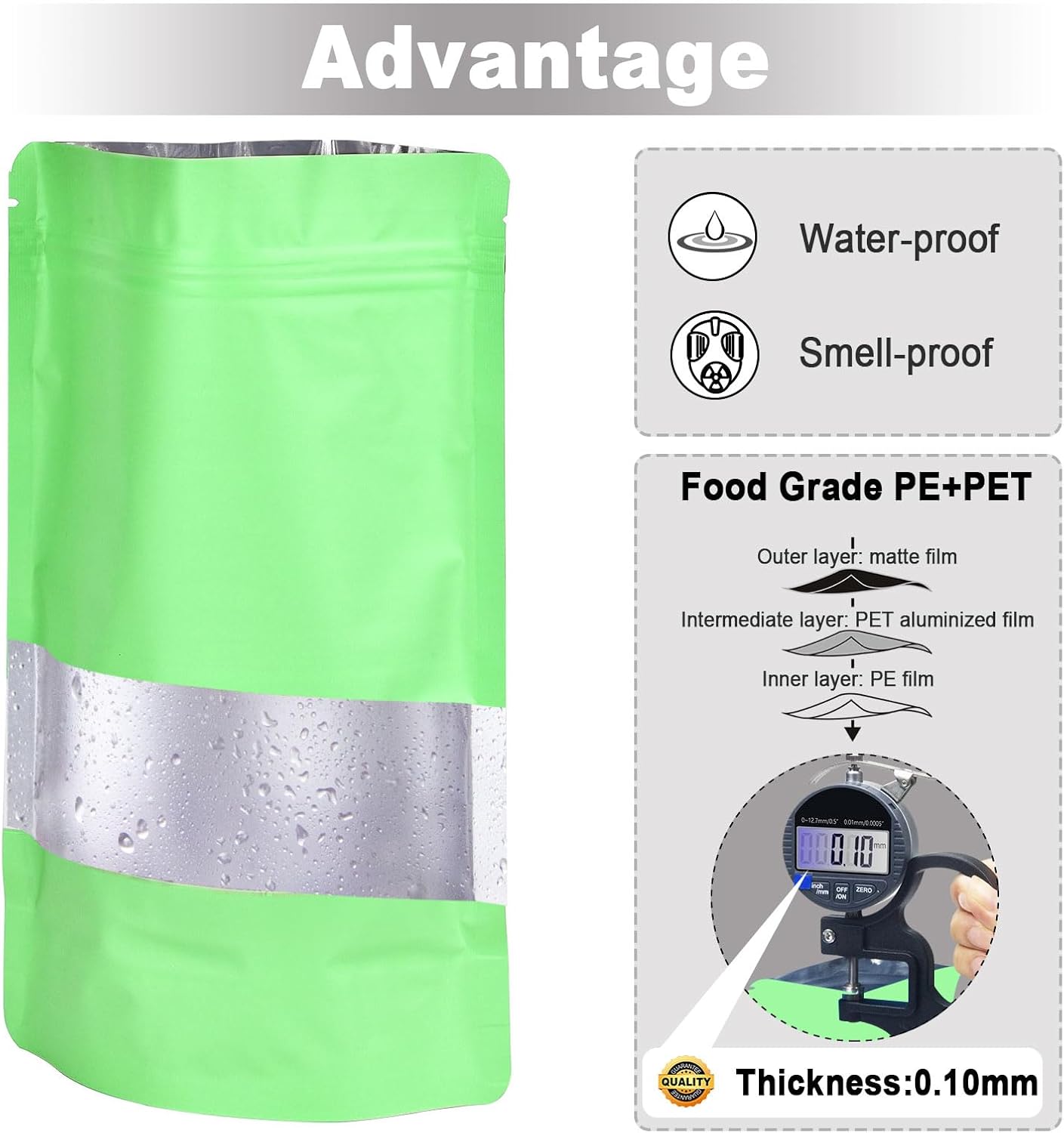 6.3"x9.5" 120pcs Mylar Bags for Food Storage,Smell Proof Bag with Matte Window Resealable Food Storage Bags for Small Business, Stand-up Foil Pouch Packaging Freeze Dried Candy Bag(Light Green)