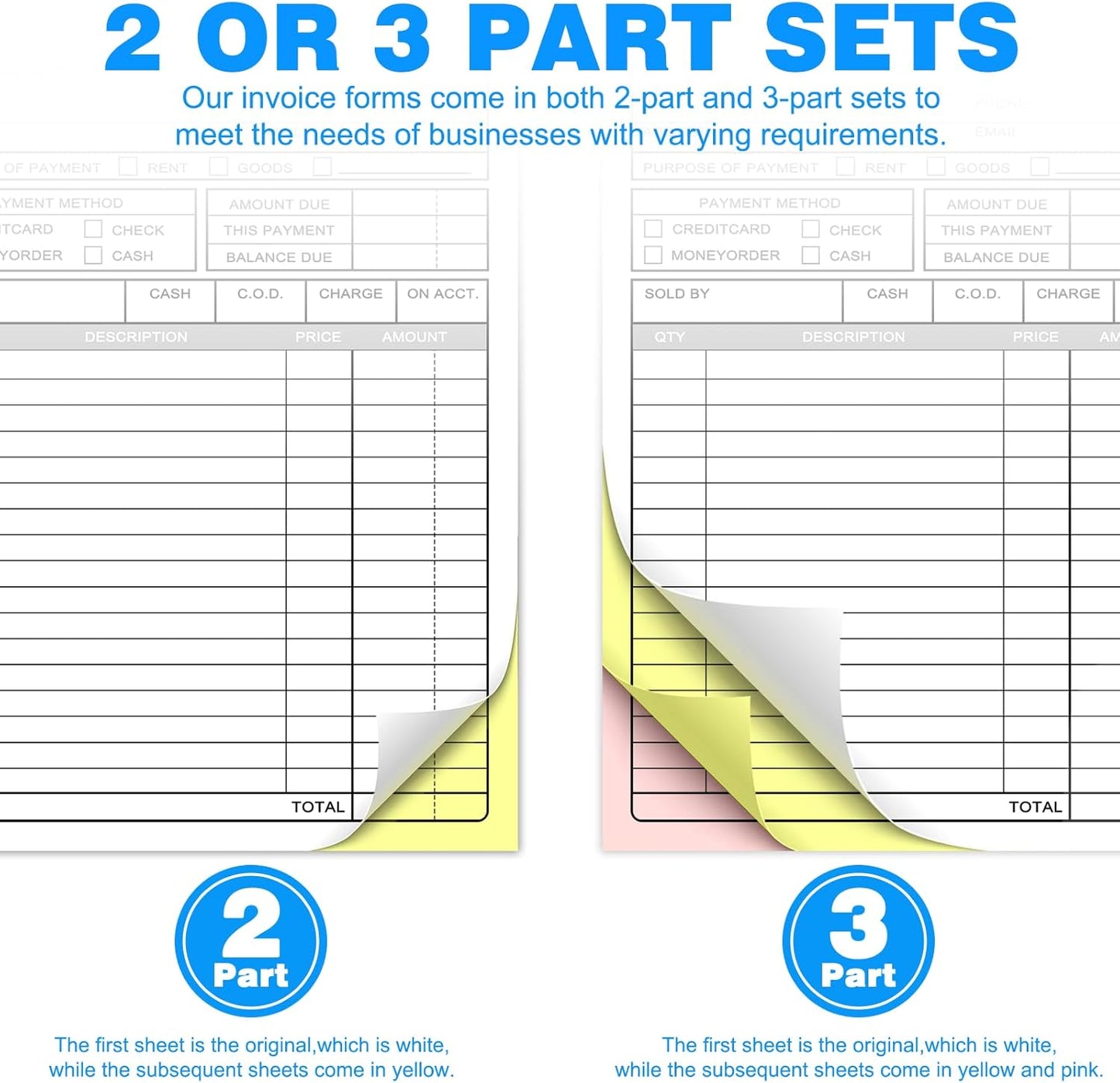 Custom Sales Invoice Personalized Carbonless NCR Forms with Company Name/Logo Personalized Invoice, Receipt Book, Work Sales Purchase Orders, Estimates, Quote Forms 5.5" x 8.5" - 2 Part(100 Sets)