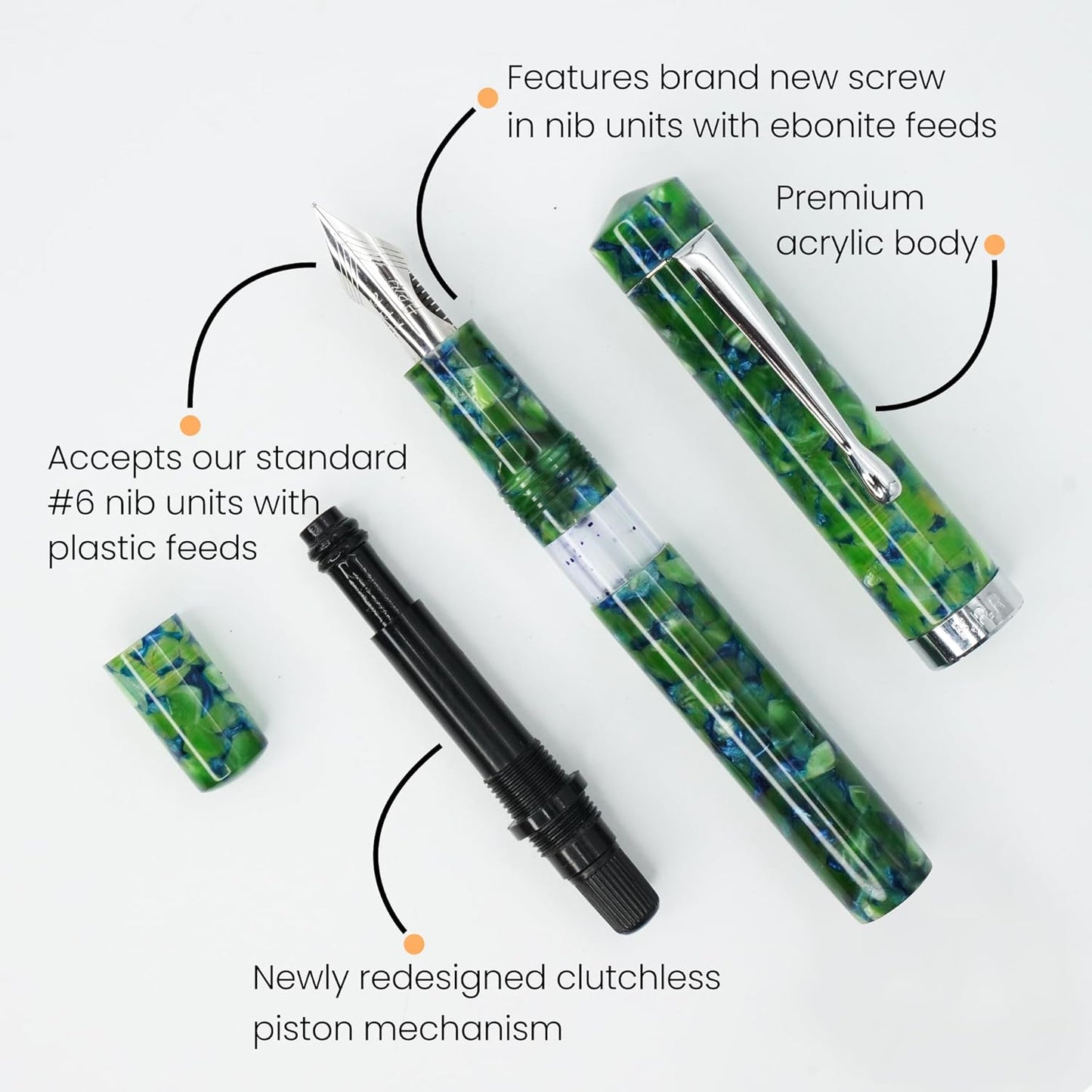 Jaipur V2 Piston Filled Refillable Fountain Pen - Jade Ultra Flex Cursive Pen w/Stainless Steel Nib - Luxury Pens w/Acrylic Body & Ebonite Feed - Fountain Pens for Journaling & Calligraphy