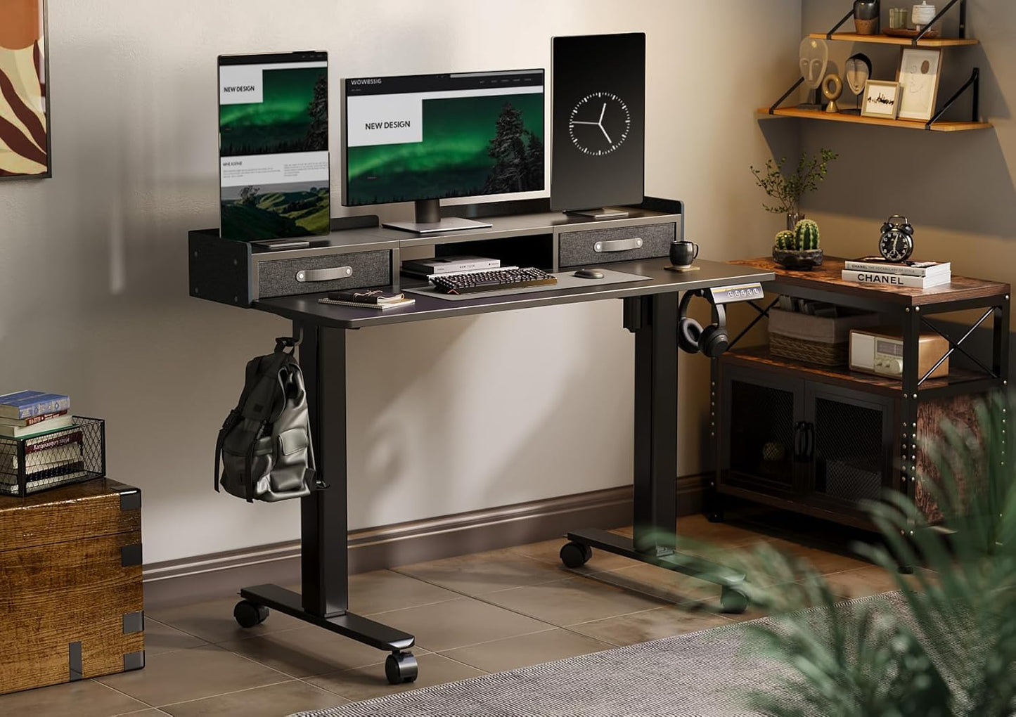 YDN Standing Desk with Drawers, 48 Inch Standing Desk Adjustable Height, Adjustable Electric Stand Up Sit Stand Small with Storage and Shelf, Black