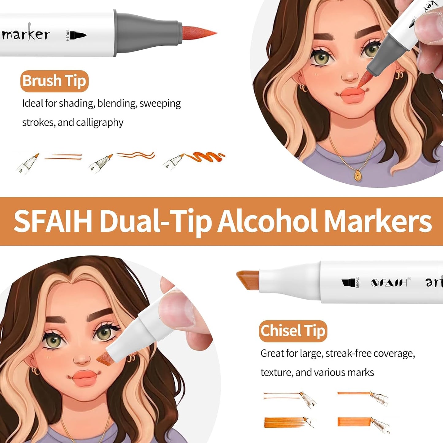 SFAIH Skin Tone Alcohol Markers Brush Tip - 25 Portrait Color Markers for Drawing, Coloring - Fast-Drying, Blendable Ink Marks for Artist Adults - Refillable Ink