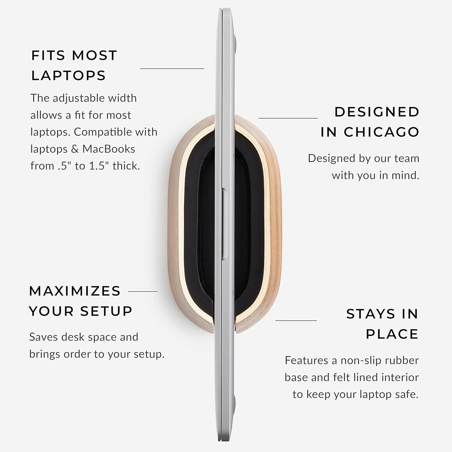 HumanCentric Vertical Laptop Stand in Black Walnut Wood, Upright Adjustable Holder and Dock, Laptop Vertical Stand Fits MacBook Pro and Other Laptops .5" to 1.5", Clamshell Compatible
