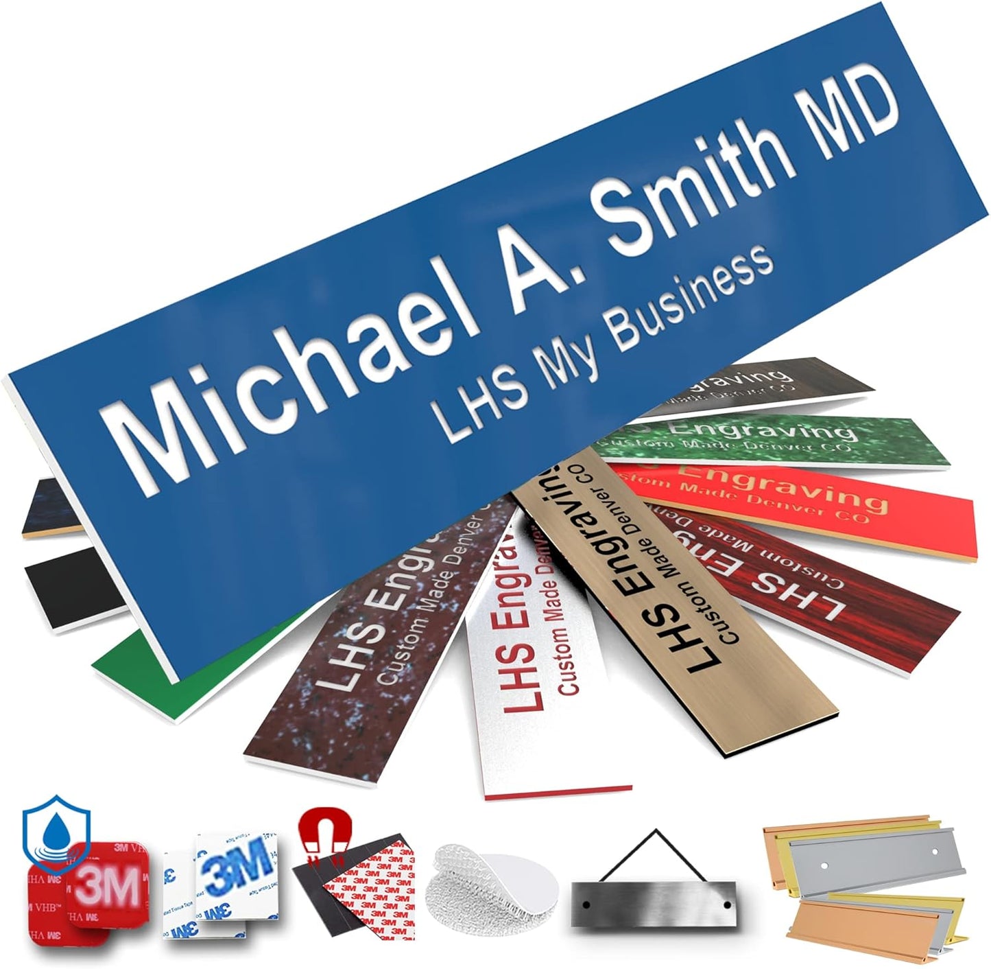 Engraved Name Plates for Door Sign Personalized Blue Plastic Plaque with White Letters - Made in USA 2x6 B9