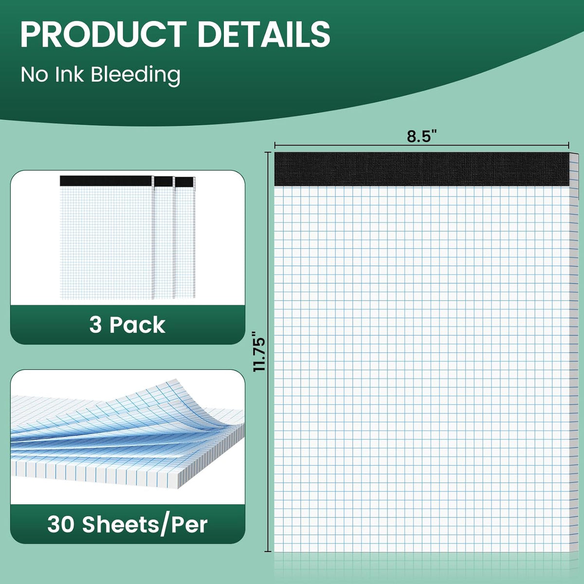 Graph Paper 8.5 X 11, 3 Pack, 4x4 Quad Ruled, Grid Paper Pad 8-1/2" X 11.75", Grid Pad 8.5 X 11.75, Engineering Notebook, Easy Tears Off, White 70 Gsm Graft Paper