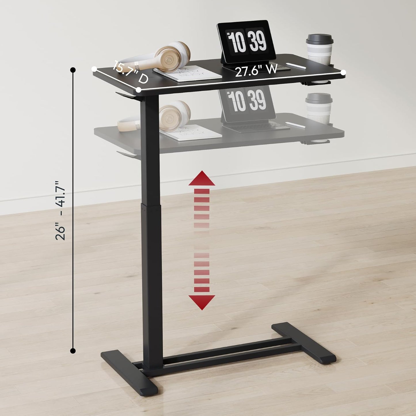 SANODESK Mobile Standing Desk with Hidden Wheels,Pneumatic Laptop Desk Rolling Computer Cart Movable Height Adjustable Small Sit Stand Desk for Home Office(27.6" W x 15.7" D, Black)