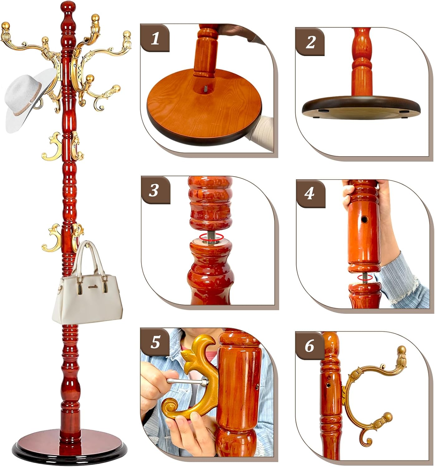 Vintage Wooden Coat Rack Free Standing,14 Hooks, 3-Level Adjustable Height, 73-Inch Retro Coat Rack Stand, Suitable for Entryway, Living Room, Office and Bedroom (Begonia color, 2PCS)