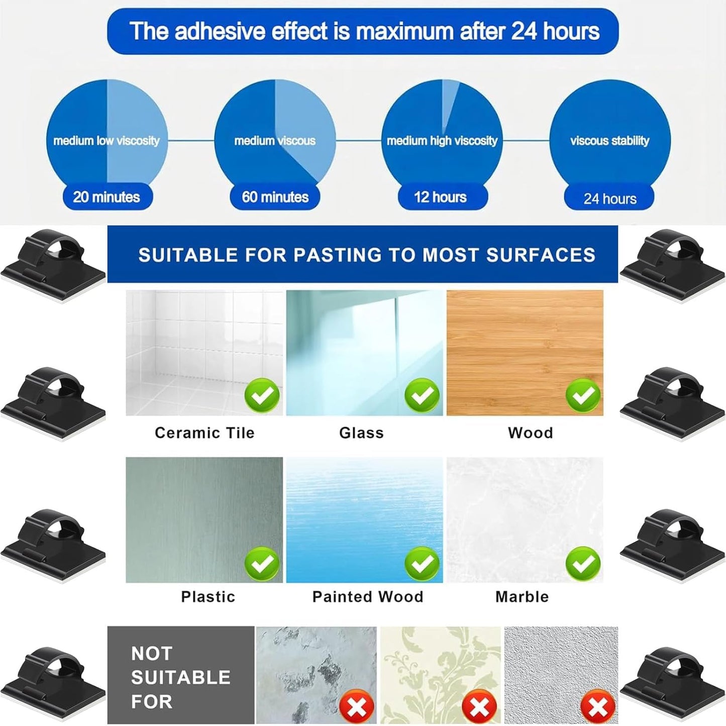 Adhesive Cable Holder Management Wire Clips 50 Pcs Black，Suitable for Cables with a Diameter of ≤ 6mm in Cars, Houses, and Offices