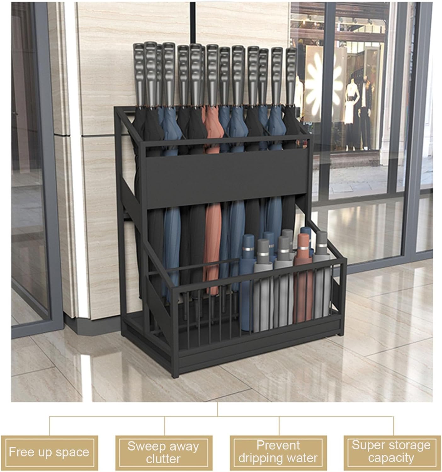 Large Capacity Commercial Metal Umbrella Holder，School Office Hotel Corridor Entrance Umbrella Organizer，Large-capacity Standing Umbrella Standumbrella Stand Indoor Entryway，Metal Umbrella Holder(Blac