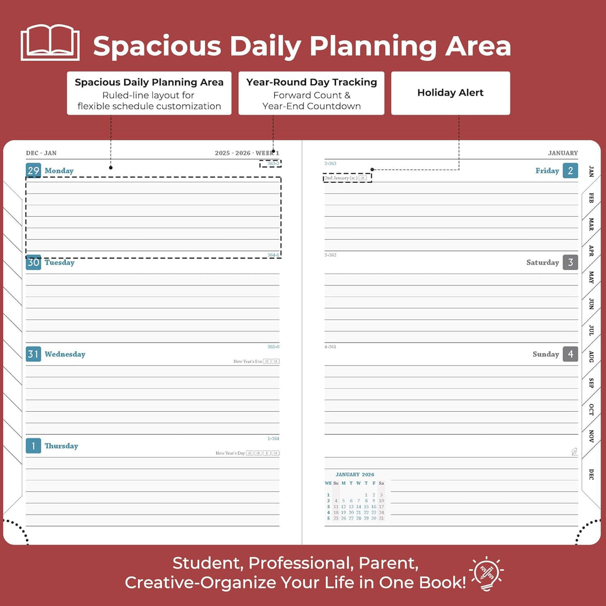 Planner 2026 Daily Weekly and Monthly,8.5"x6.5",12 Months Spiral Bound Calendar Agenda with Self-adhesive Pen Holder,2026 Appointment Book with Vegan Leather Soft Cover,Red