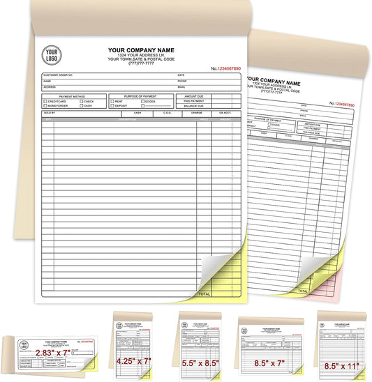 Custom Invoices Receipt Book for Small Business Personalized 2-Part Duplicate Carbonless Logo Receipt Books Sales Payment Forms with Company Name Address Phone Number 100 Sets 8.5" x 11"