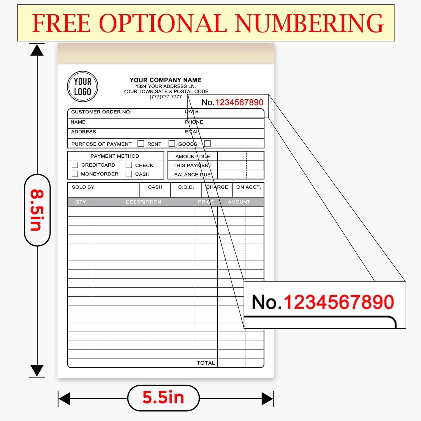 Custom Invoice Book for Small Business,5.5 x 8.5 Inches Invoice Receipt Book, 3-Part Carbonless Forms, Personalized Company Name, Address, Phone Number