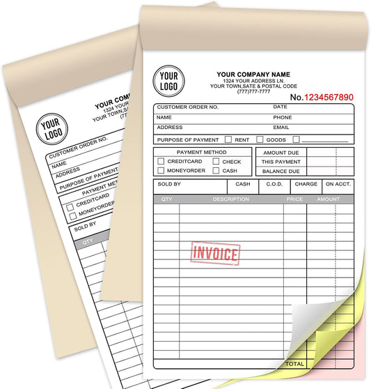 Custom Sales Invoice Personalized Carbonless NCR Forms with Company Name/Logo Personalized Invoice, Receipt Book, Work Sales Purchase Orders, Estimates, Quote Forms 5.5" x 8.5" - 3 Part(150 Sets)