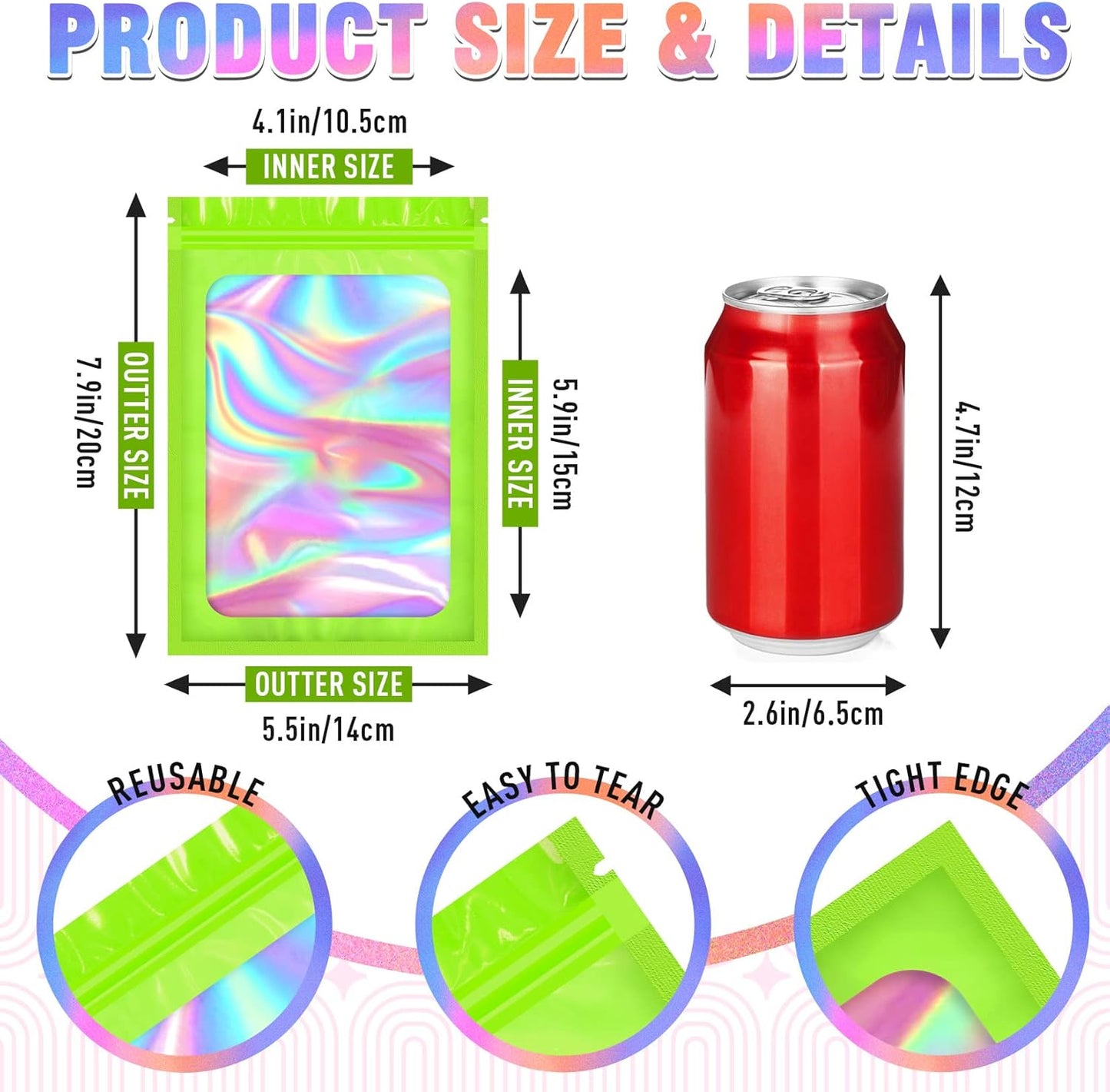 Mylar Bags, 100 PCS Smell Proof Bag, Holographic Bags, Packaging Bag (5.5x7.9 Inch)