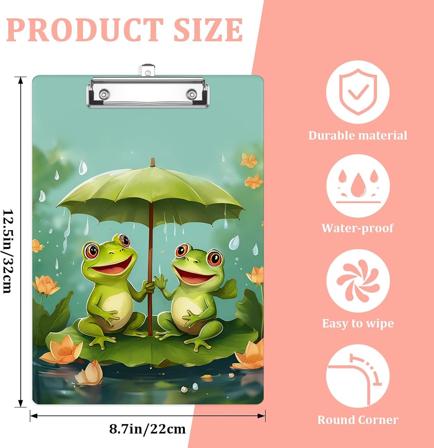 Cute Frog Lotus Leaf Plastic Clipboards,Cute Fashion Clipboard Decorative 8.5" x 12.5"Standard A4 Size Clipboards,Acrylic Clipboard for Teacher,Social Worker,Students,Nurse,Office Supplies