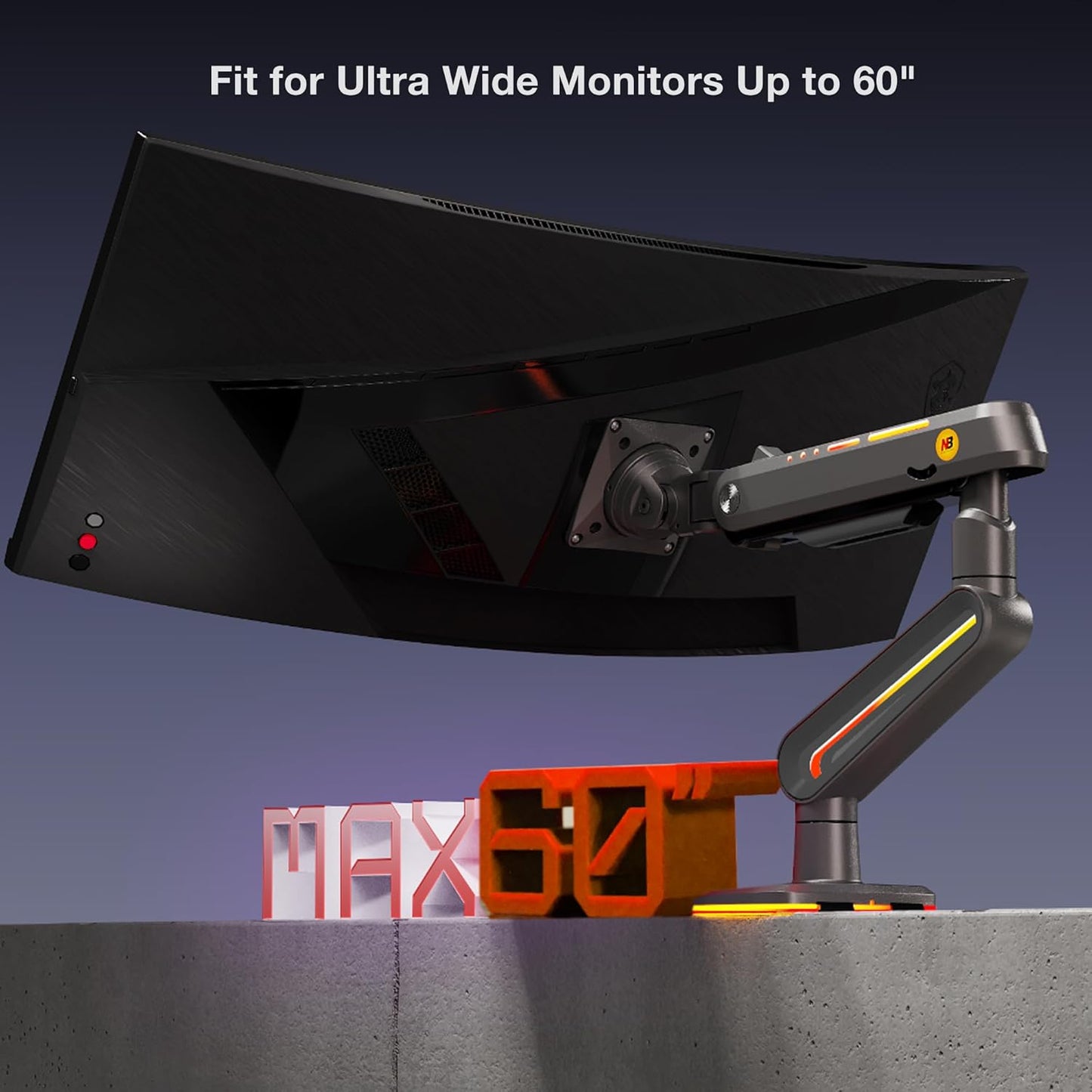 NB Designer Gaming Monitor Arm for 32 to 60 Inches Screen, Load up to 20 kg, VESA 75/100, RGB-Light, Heavy Duty, Multi Angle Adjustable, Premium Aluminum, Long Arm Extension Grey Black