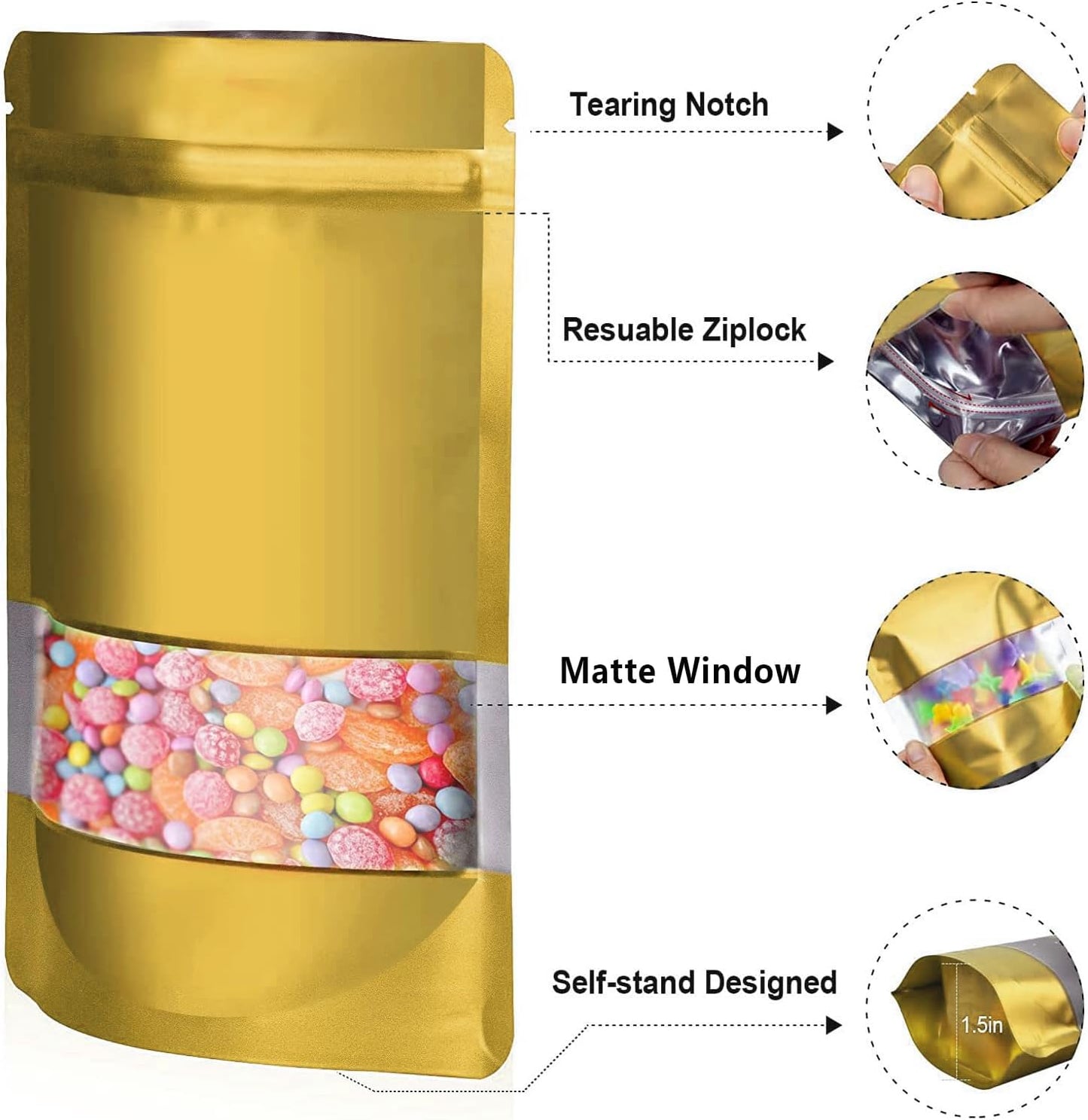 6.3"x9.5" 120pcs Mylar Bags for Food Storage,Smell Proof Bag with Matte Window Resealable Food Storage Bags for Small Business, Stand-up Foil Pouch Packaging Freeze Dried Candy Bag(Gold)