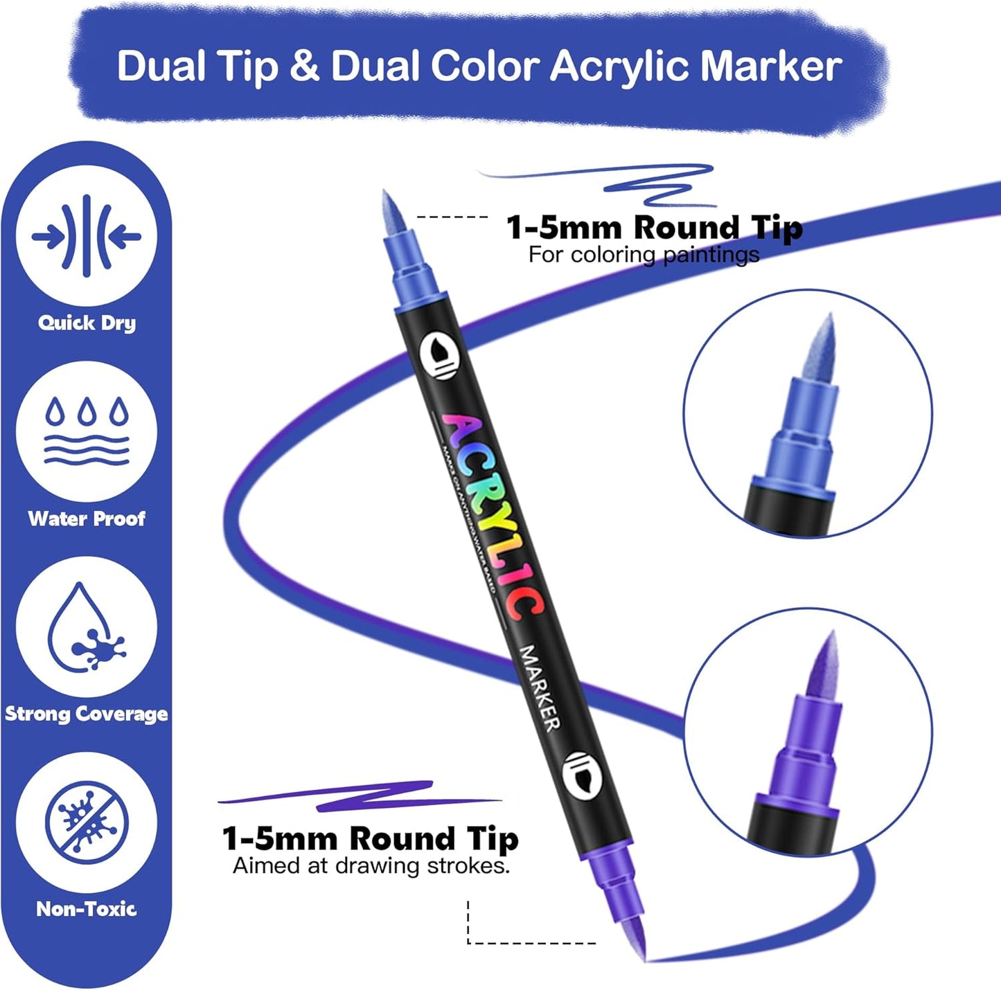 96 Dual Tip Acrylic Paint Markers, Double Color Acrylic Paint Pens for Rock Painting, Ceramic, Stone, Wood, Canvas, Stone, DIY Art Supplies
