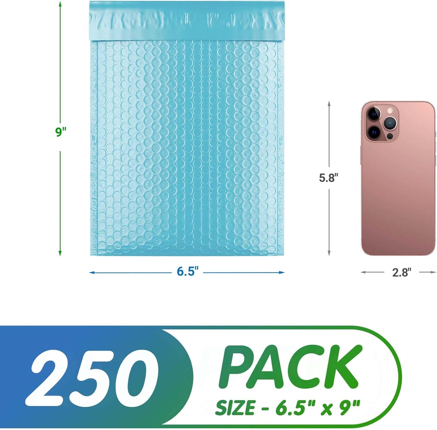 Light Blue Poly Bubble Mailers Self Seal, 6.5 x 9 Inch. Pack of 250 Bubble Packaging Envelopes for Shipping. Durable Padded Envelopes Waterproof. Self Seal Padded Mailers. Shipping Packages