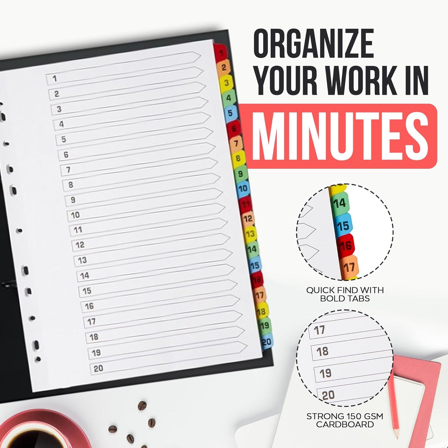 [25 Pack] A4 File Dividers 20 Part Numbered 1-20 | A4 Subject Dividers 20 Part Numbered 1-20 with Multipunched Reinforced Colour Tabs 150gsm